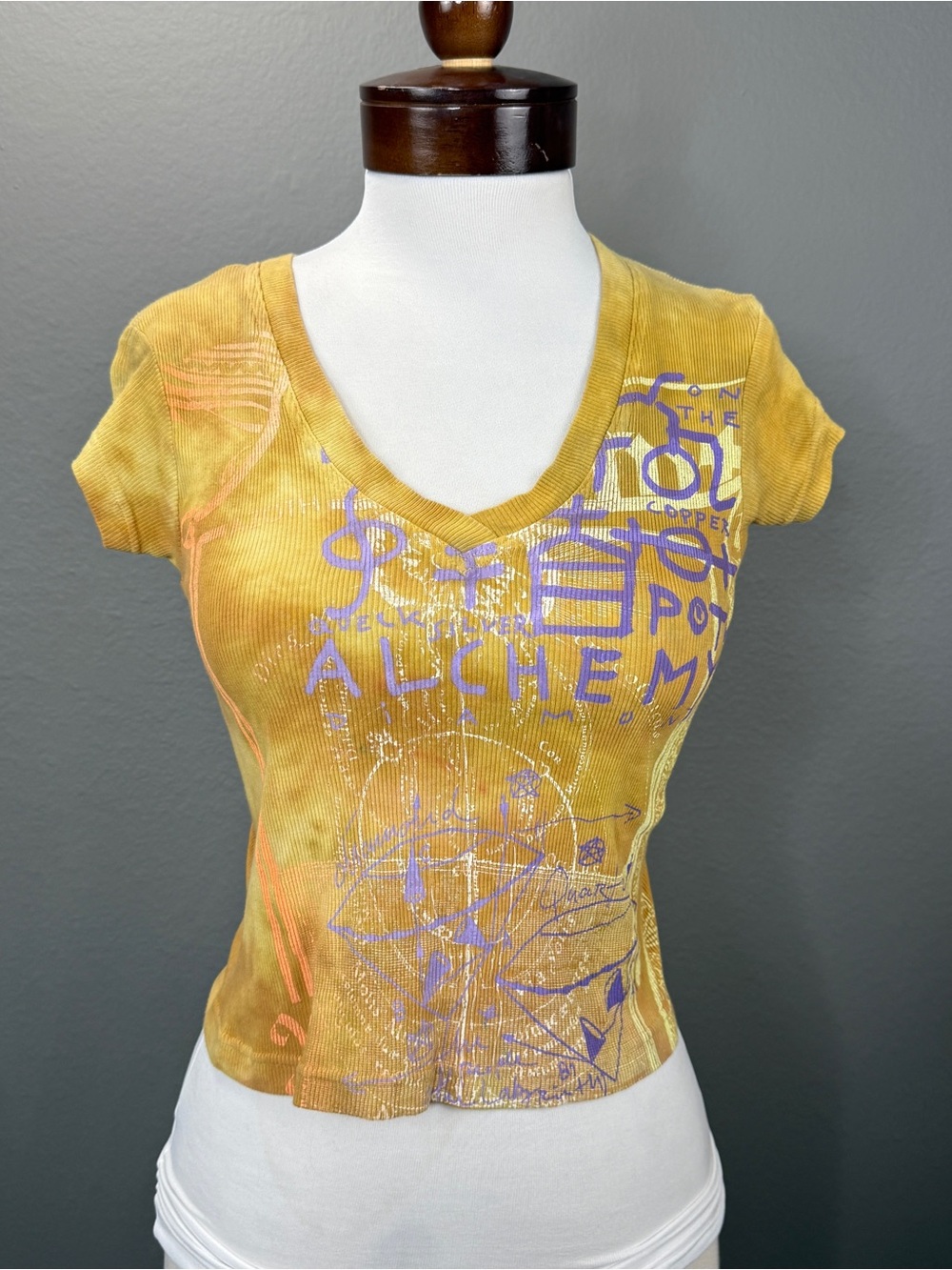 People Of The Labyrinths Y2K Alchemy Graphic Ribbed Cotton Top Mustard XXS